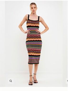 Free the Roses Crochet Multicolor Striped Midi Dress with Black Trim M